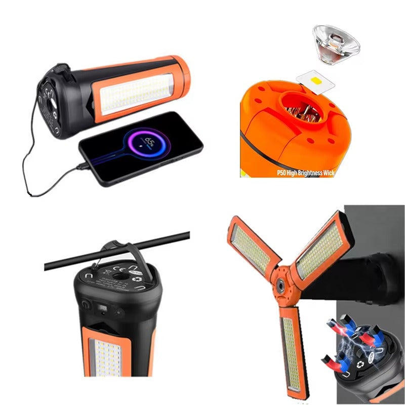 3-Head Solar/Type‑C Work Light – Waterproof Telescopic Tripod