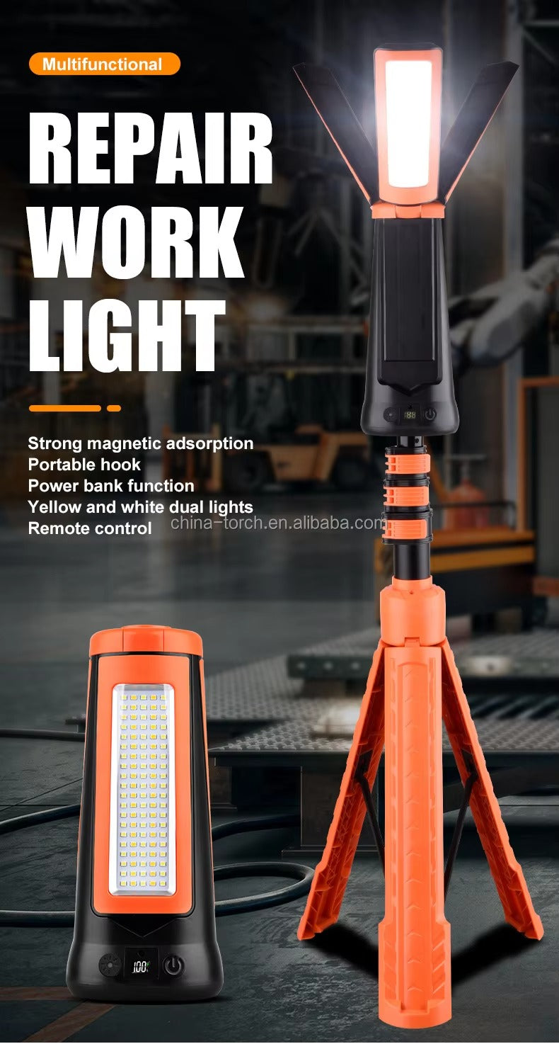 3-Head Solar/Type‑C Work Light – Waterproof Telescopic Tripod